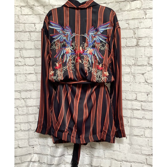 Free People Other - Free People Embroidered Hummingbird Striped Robe Jacket Black Orange Large